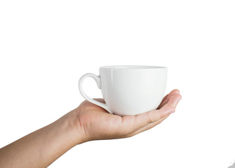 hand holding white mug isolated on white background