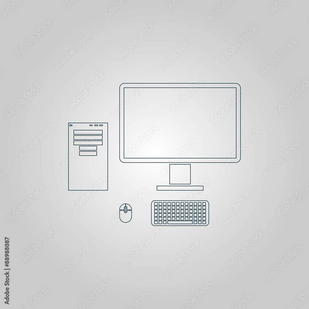 Poster computer case with monitor, keyboard and mouse, vector icon.