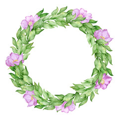 Vector bay leaves watercolor wreath with pink brier rose flowers. Template for wedding invitation and save the date cards.