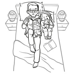 Funny cartoon father reading book for his child. vector illustra