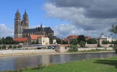 Fototapeta na wymiar Blick über die Elbe zum Magdeburger Dom