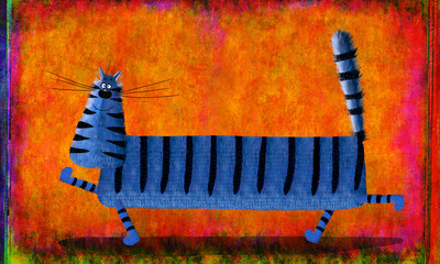 Obrazy  Długi czerwony kot w paski na ognistym tle