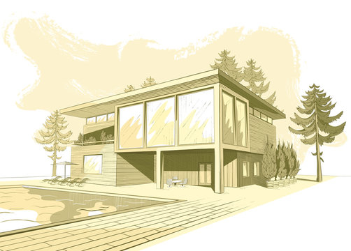 Vector Sepia Sketch Of Modern House With Swimming Pool