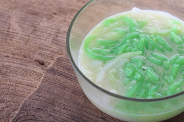 Thai food, Lod Chong dessert coconut milk on wood table