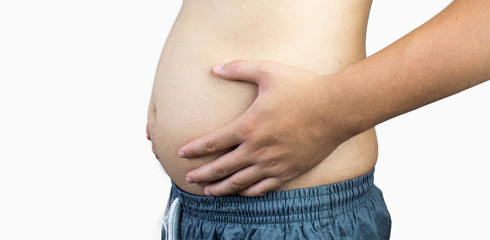 paunch fat person isolated white background