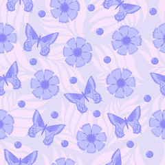 Flowers and butterflies. Seamless vector pattern