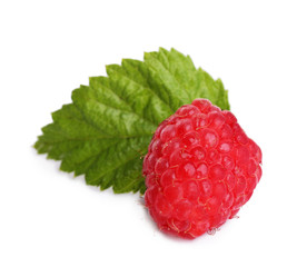 Fresh raspberry with green leaf isolated on white