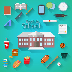 Back to School Flat design modern vector illustration, school building, pen, pensil, food, sport items, diploma and graduation cap icons with long shadow