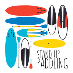 vector illustration of stand up paddle boards and paddles set in