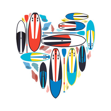 vector illustration of stand up paddle boards and paddles set  w