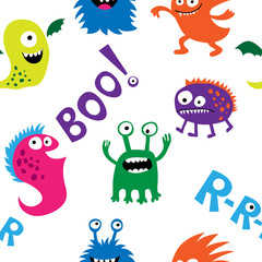 Seamless pattern with monsters and inscriptions