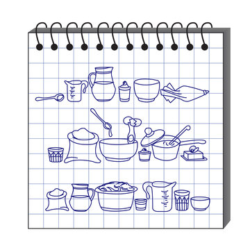 vector illustration of kitchen utensils in the sketchbook