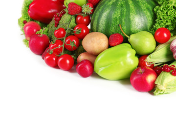 Composition with fresh fruits and vegetables isolated on white