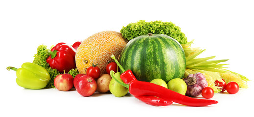 Composition with fresh fruits and vegetables isolated on white