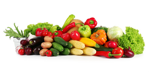 Composition with fresh fruits and vegetables isolated on white