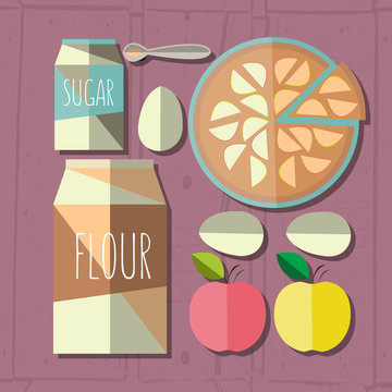 vector colorful illustration of flat design style apple pie reci