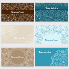 Set of six business cards. Vintage pattern in retro style with o