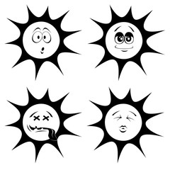 Collection of four black and white, cute sun character icons (emoticons) with different facial expression