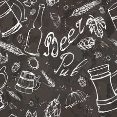 Beer seamless pattern on black backgroun.