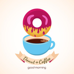 Vector illustration of coffee cup and donut with pink sweet crea