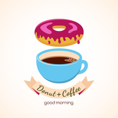 Coffee cup and donut with pink sweet cream, vector food illustra