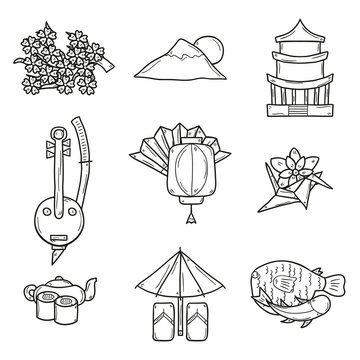 Set of icons in hand drawn outline style on Japan theme: geisha