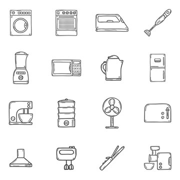 Set of objects in hand drawn cartoon outline style on home