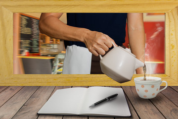 The staff served hot coffee as a desk.