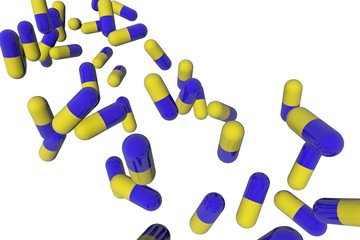 Background with pills, medicines, antibiotics, vitamins isolated on white background, medical background, scientific background