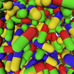 Background with pills, medicines, antibiotics, vitamins isolated on white background, medical background, scientific background