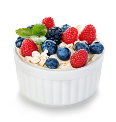 Dessert with yogurt and fresh berries isolated. Dietary breakfast.