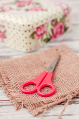 Pink Scissors on White Wooden Table