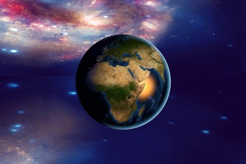 Planet Earth on the background with stars and galaxies, the Earth from space showing Africa on globe in the night time, elements of this image furnished by NASA