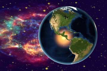 The Earth from space on the background with stars and galaxies showing North and South Americas, Central America, USA, Brazil on globe in the night time, elements of this image furnished by NASA