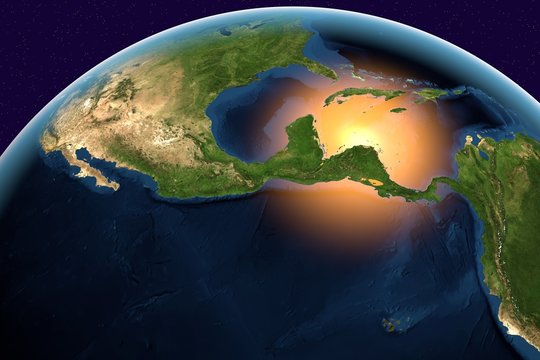Planet Earth, the Earth from space showing Central America, Belize, Costa Rica, El Salvador, Guatemala, Honduras, Nicaragua, Panama on globe in the day time, elements of this image furnished by NASA