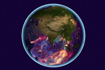 Planet Earth on background with stars, the Earth from space showing India, Arabian peninsula, Russia on globe in the day time, galaxies are reflected in water, elements of this image furnished by NASA