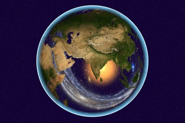 Planet Earth on background with stars, the Earth from space showing India, Arabian peninsula, Russia on globe in the day time, galaxies are reflected in water, elements of this image furnished by NASA