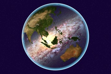 Planet Earth on background with stars, the Earth from space showing Indonesia, Malaysia, Australia on globe in the day time, galaxies are reflected in water, elements of this image furnished by NASA