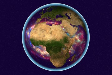 Planet Earth on background with stars, the Earth from space showing Arabian peninsula and Africa on globe in the day time, galaxies are reflected in water, elements of this image furnished by NASA