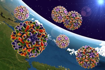 Fototapeta na wymiar Hepatitis B virus on surrealistic space background. A model is built using data of macromolecular structure furnished by Protein Data Bank (PDB 4G93). Elements of this image are furnished by NASA