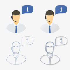 Icon male call center,support. The man in the ear headset with a speech bubble with the information. flat and linear design with shadow