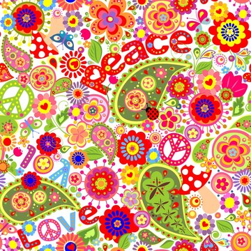 Hippie childish colorful wallpaper with mushrooms and poppies