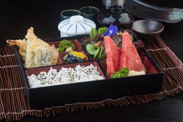 japanese cuisine. lunch box set on the background