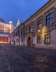 Krakow, Poland, Kanonicza street, part of the Royal Route, in the night, ending on the Wawel Hill with royal castle and cathedral.