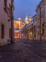 Krakow, Poland, Kanonicza street, part of the Royal Route, in the night, ending on the Wawel Hill with royal castle and cathedral.