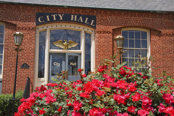 Fototapeta na wymiar City Hall Brick Building with Knock Out Roses in Foreground