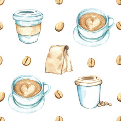 Seamless coffee background, Watercolor paint high resolution
