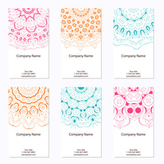 Set of six business cards. Vintage pattern in retro style with o