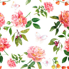 Seamless pattern design with watercolour flowers and butterflies