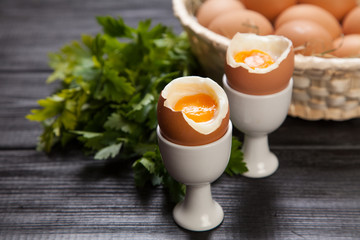 Boiled eggs on dark background